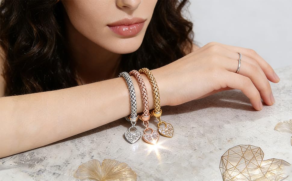 Alegend 14K Gold Plated Stackable Multilayer Bracelets + Titanium Steel(Not Rust, Resist Corruption, Easily Clean) 18K Gold Plated Single Bracelets - color: 14K Gold Heart-Shaped Diamond-Inlaid