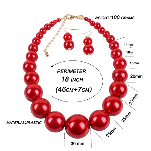Large Style Big Imitate Pearl Strand Choker Necklace With Earrings Set - color: Red