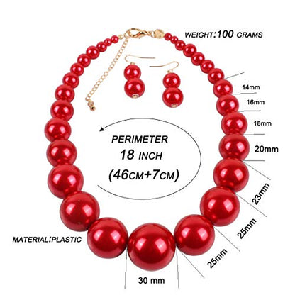 Large Style Big Imitate Pearl Strand Choker Necklace With Earrings Set - color: Red