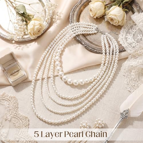 Aurelema Multilayer Long Pearl Necklaces for Women Adult Faux Pearl Tassel Strand Layered Beaded Choker Jewelry for Costume Evening Party Daily Wear
