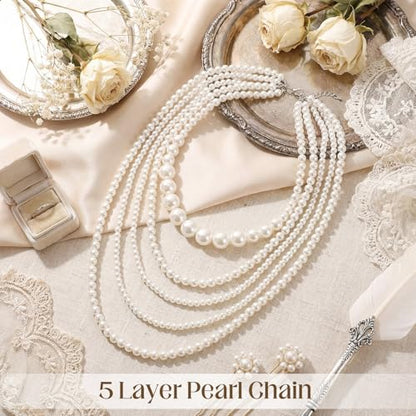 Aurelema Multilayer Long Pearl Necklaces for Women Adult Faux Pearl Tassel Strand Layered Beaded Choker Jewelry for Costume Evening Party Daily Wear