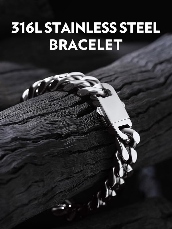 Bandmax Mens Hip Hop Cuban Link Bracelets 5/7/9/12MM Stainless Steel Miami Curb Chain Bracelet Silver/Gold Plated/Black Wristlet Chains for Men 7"-9" - color: 10 12MM-Steel