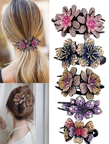 5 Pcs double flower decorative jeweled rhinestone hair clip pretty fancy floral thick crystal hair clips for women beautiful fashion designer asian accessories long chinese korean vintage ornaments