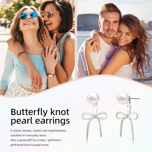 Gold Silver Pearl Earrings for Women - Hoop Earrings for Women Trendy 14K Gold Plated/Silver Twist Rope Bow Stud Bow Pearl Huggie Earring Hoops Pearls Dangle Cubic Zirconia Earring Jewelry Gift Womens - color: Silver bow