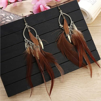 2 Pairs Brown Dream Catcher Feather Earrings for Women Bohemian Vintage Tassel Drop Dangle Earrings Ethnic Long Fringe Dreamcather Earring for Women Ear Jewelry - QC