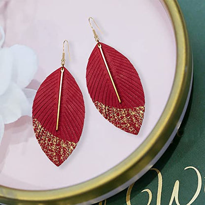 Bohemian Handmade Lightweight Color Large Genuine Soft Leather Fringe Feather Leaf Tear Dangle Drop Earrings for Women Statement - color: 2-Red