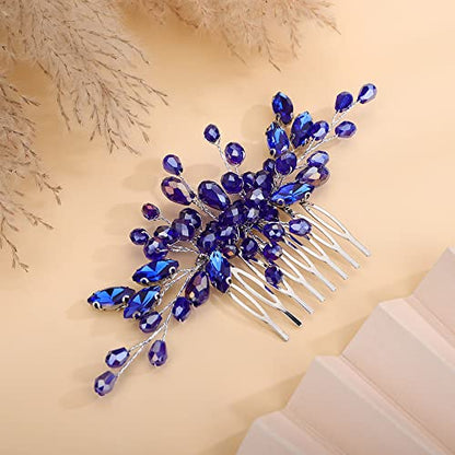 Teyglen Crystal Bride Wedding Hair Comb Bridal Blue Rhinestone Hair Pieces Hair Jewelry Simple Red Black Pink Headpieces for Bride Women Girls - color: Blue