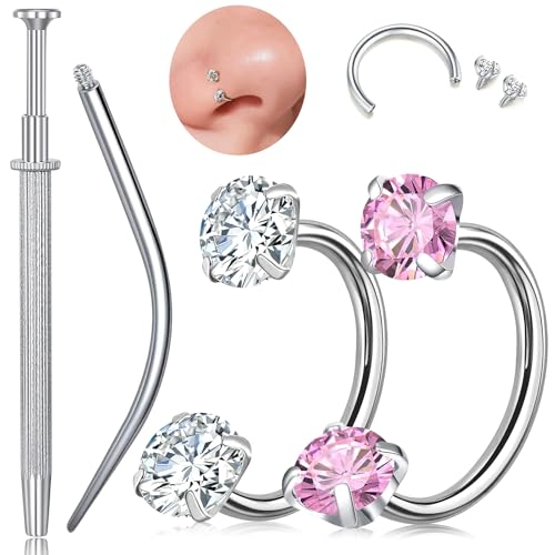 G23 Titanium Horseshoe Nose Ring 20G, 2 Pcs Double Gem Nose Ring for Women, 6mm 7mm 8mm Hypoallergenic Horseshoe Nose Rings Helix Tragus Earring Hoops Labret Lip Piercing Jewelry Small Septum Rings - color: 20G-8mm-2Pcs-Silver-White & Pink CZ