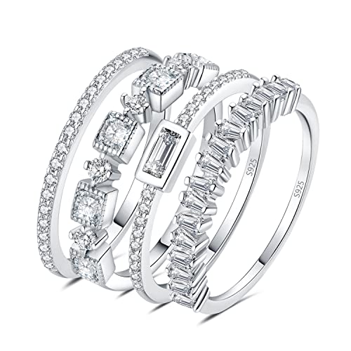 JewelryPalace Princess Emerald Cut CZ Stackable Wedding Ring Eternity Bands for Women, Cubic Zirconia 925 Sterling Silver 14k Yellow Rose Gold Plated Promise Ring for Her, 4pc Anniversary Ring Sets - color: D-4Pcs-Sterling Silver