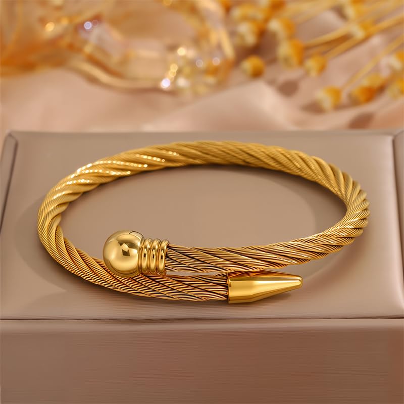 Modern Gold Bracelet for Women – Stainless Steel Braided Steel Bead Nail Bangle, Edgy Industrial Design, Everyday Fashion Jewelry