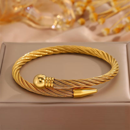 Modern Gold Bracelet for Women – Stainless Steel Braided Steel Bead Nail Bangle, Edgy Industrial Design, Everyday Fashion Jewelry