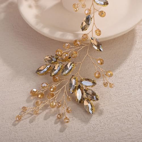 Teyglen Champagne Crystal Rhinestone Beads Headband Flower Bridal Wedding Hair Vine for Bride Headpiece Party Prom Bridal Hair Accessories for Women (Champagne) - color: Champagne