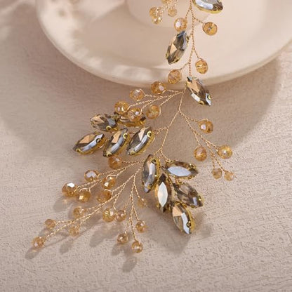 Teyglen Champagne Crystal Rhinestone Beads Headband Flower Bridal Wedding Hair Vine for Bride Headpiece Party Prom Bridal Hair Accessories for Women (Champagne) - color: Champagne