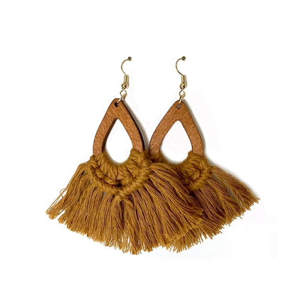 Bohemia Tassel Earrings Statement Handmade Dangle Ethnic Fringe Earrings Bamboo Weaving Geometric Square Sector Gifts for Women - color: waterdrop brown
