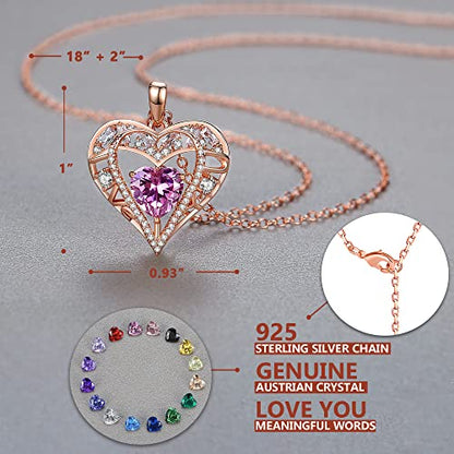 5 Heart I Love You Necklace for Women, Birthstone Crystal Pendant, Birthday Gift for Her, Wife, Mom, Rose Gold or Gunmetal Plated, 925 Sterling Silver Chain 18"+2" - color: 06-June-Alexandrite Light Purple-Rose Gold Plated