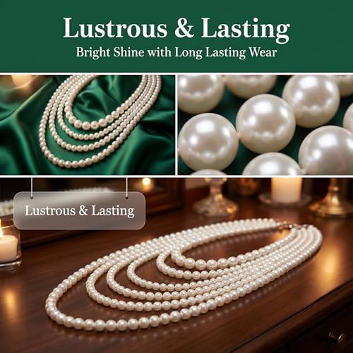 Pearl Necklace, Multi Long Strand Layered Necklaces, Chunky Large White Faux Pearls Costume Jewelry, Vintage Multistrand Stacked Strands For Women, Flapper 1920s Style