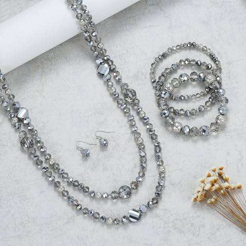 Trendy Infinity Wrap 60’’ Long Statement Necklace, Earrings and Bracelet Set - Hand Knotted Versatile Crystal and Shell Beads Strand Necklace and Chunky Beaded Stretch Bracelet Stack – Jewelry Set Gift for Women - color: Sparkly and Crystal Silver