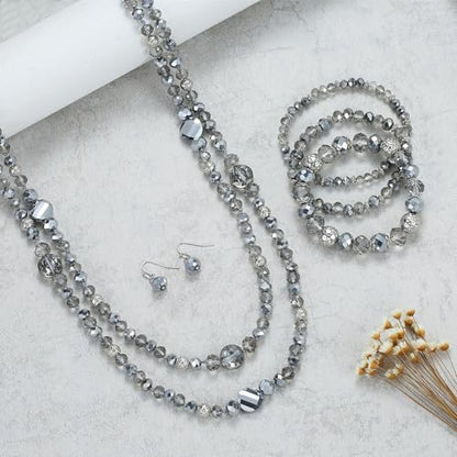 Trendy Infinity Wrap 60’’ Long Statement Necklace, Earrings and Bracelet Set - Hand Knotted Versatile Crystal and Shell Beads Strand Necklace and Chunky Beaded Stretch Bracelet Stack – Jewelry Set Gift for Women - color: Sparkly and Crystal Silver
