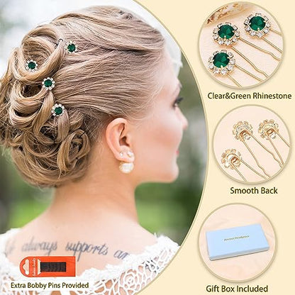 Ammei Crystal Bridal Hair Pins Clips Wedding Hair Accessories Hair Set Jewelry With Rhinestone For Brides and Bridesmaids Set Of 12 (Gold Plated Green) - color: Gold Plated Green
