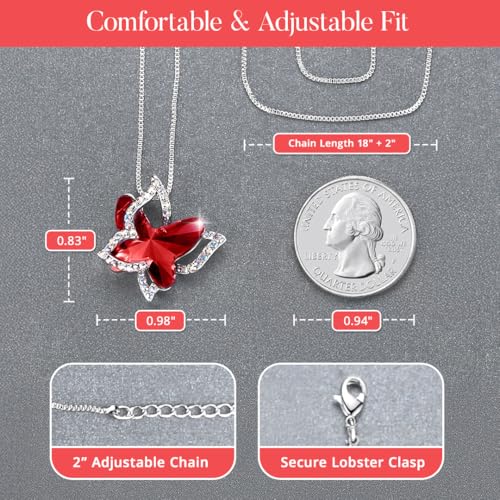 Butterfly Necklace, Birthstone Crystal, for Women, Silver Tone Pendant Jewelry, Anniversary Birthday Gift for Her, Wife & Mom, 18"+2" - color: 01-January & July Birthstone - Ruby Red Crystal
