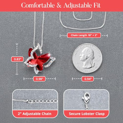 Butterfly Necklace, Birthstone Crystal, for Women, Silver Tone Pendant Jewelry, Anniversary Birthday Gift for Her, Wife & Mom, 18"+2" - color: 01-January & July Birthstone - Ruby Red Crystal
