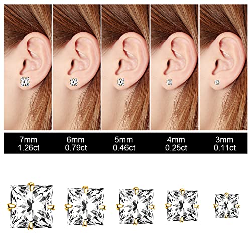 Princess Cut Clear Cubic Zirconia Stud Earrings for Women Men Square Earrings Studs Hypoallergenic Surgical Steel Helix Screw Back Earrings 18G 5 Pairs 3-7mm - color: Gold