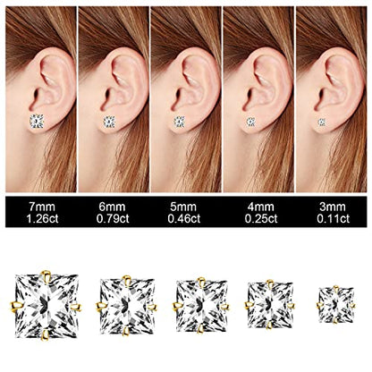 Princess Cut Clear Cubic Zirconia Stud Earrings for Women Men Square Earrings Studs Hypoallergenic Surgical Steel Helix Screw Back Earrings 18G 5 Pairs 3-7mm - color: Gold