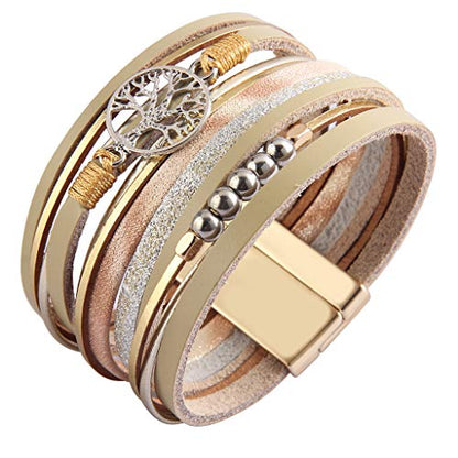 GelConnie Leather Wrap Bracelet Boho Cuff Bracelets Crystal Leather Bracelet Magnetic Multi Strand Bracelets Bohemian Bracelet Leather Wristbands Bangle Jewelry for Women Teen Wife Mother - color: Tree of Life Leather Bracelet
