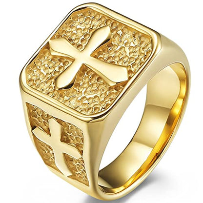 Jude Jewelers Stainless Steel Signet Style Christian Cross Religious Cocktail Party Biker Statement Wedding Ring - color: Gold