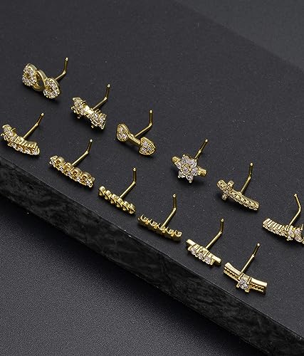Akeoqi 6-12Pcs Nose Studs Nose Ring Inlaid Cubic Zirconia L Shaped Studs Lotus Star Heart Nose Nostril Piercing Jewelry for Women Men Sliver Gold Rose Gold Tone 20G - color: D: 12-Gold