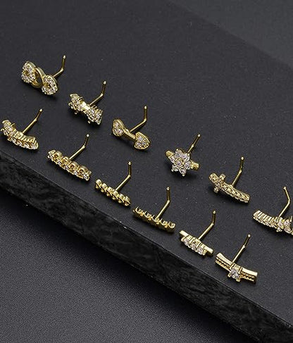 Akeoqi 6-12Pcs Nose Studs Nose Ring Inlaid Cubic Zirconia L Shaped Studs Lotus Star Heart Nose Nostril Piercing Jewelry for Women Men Sliver Gold Rose Gold Tone 20G - color: D: 12-Gold