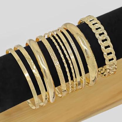 Gold Bangle Bracelets for Women, 14k Gold Plated Multi Layer Textured Stackable Open Bracelet Set Boho Indian Bangles Stackable Set Trendy Elegance Charms Non Tarnish Minimalist Bangle Pack - style: Gold 10Pcs