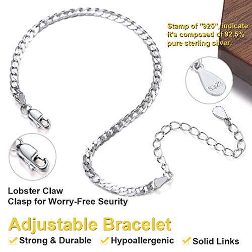 ChainsHouse Stainless Steel Herringbone Flat Chain Bracelets for Women,18K Gold/Rose Gold/Black Metal Paperclip/Snake/Cuban/Figaro Sterling Silver Link Charm Bracelet, 16+5cm Adjustable, With Gift Box - color: b. cuban-sterling silver