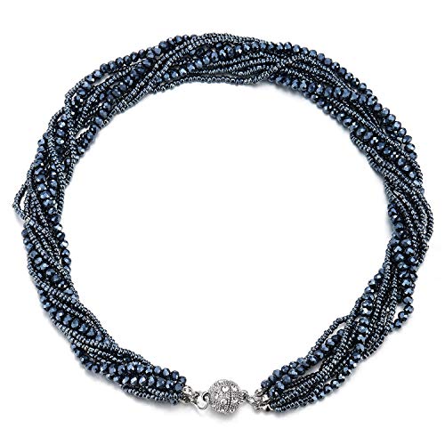COOLSTEELANDBEYOND Multi-Layer Beads Crystal Braided Chain Choker Collar Magnetic Clasp,Statement Necklace, Bracelet - color: D-Necklace Dark Blue Color