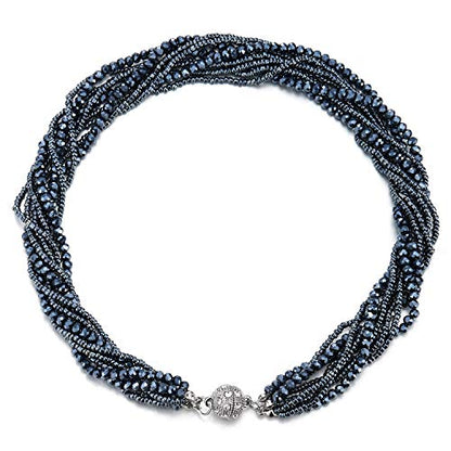 COOLSTEELANDBEYOND Multi-Layer Beads Crystal Braided Chain Choker Collar Magnetic Clasp,Statement Necklace, Bracelet - color: D-Necklace Dark Blue Color