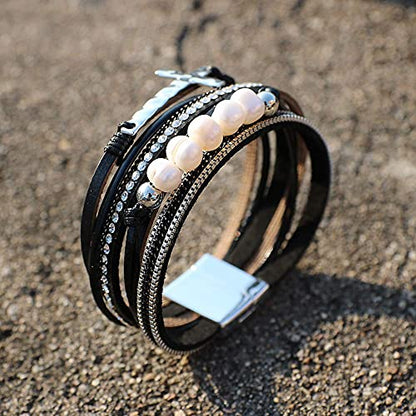 Vercret Leather Wrap Bracelet for Women, Multi-Layer Cuff Bangle | Boho Stacked Bracelets with Safe Clasp Western Bangle Jewelry Gift for Lady and Mom Sister Friend - style: Pearl Cross Black