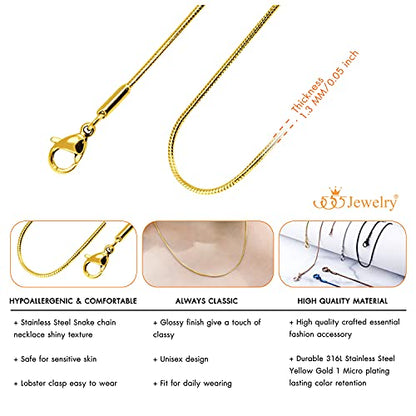 555Jewelry 1.2mm Stainless Steel Snake Chain Necklace for Men & Women, 16-28 Inch - color: Gold