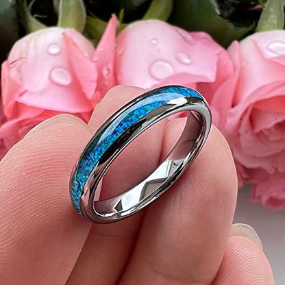 TUTISS 4mm Silver/Black Tungsten Rings for Women Men Engagement Wedding Bands Genuine Blue Green Galaxy Opal Inlay Domed Polished Comfort Fit - color: 4mm Tungsten Blue Opal