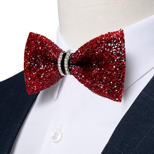 DiBanGu Mens Rhinestone Bow Tie with Ring and Lapel Pin Set | Adjustable Strap,Pre-tied Style,3PCS,Sequin Diamond Bowties，Solid/Mix Color,Shiny Accessory,for Party Prom Banquet Wedding - color: Red