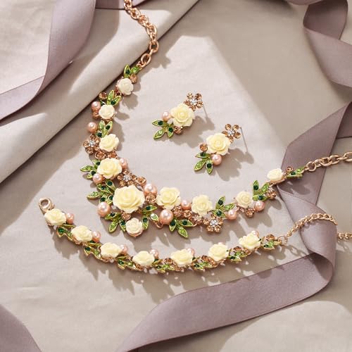 EVER FAITH Costume Jewelry Crystal Simulated Pearl Rose Flower Leaf Prom Party Statement Necklace Earrings Bracelet Set for Women - color: Brown Gold-Tone