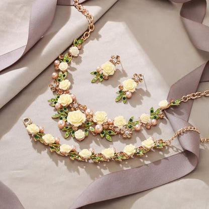 EVER FAITH Costume Jewelry Crystal Simulated Pearl Rose Flower Leaf Prom Party Statement Necklace Earrings Bracelet Set for Women - color: Brown Gold-Tone