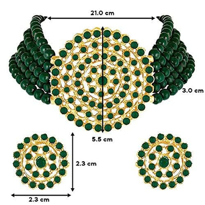 Aheli Pearl Diamond Choker Necklace & Round Earrings Gift for Women Indian Traditional Bollywood Fashion Bharatanatyam jewellery set - color: Green 2