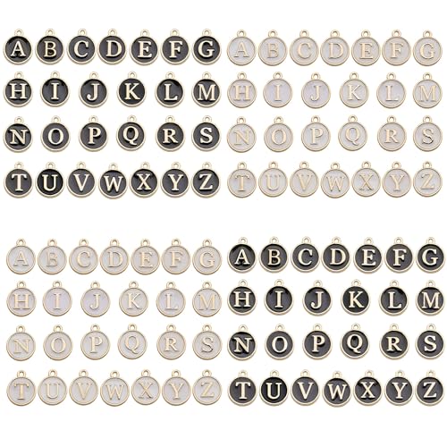 A-Z Letter Charms Round Enamel Alphabet Initial Pendant for Jewelry Making,Double-Side for Necklace Bracelet Earring DIY Craft - color: 4 sets(104pcs)-White,Black