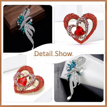 2pcs Rhinestone Brooch Pin for Women Dress Elegant Stylish Crystal Brooches Fashion Accessories Pins Lapel Boutonniere Ideas Wedding Christmas Birthday Jewelry Easter Gift - color: 19 Red heart/Silver