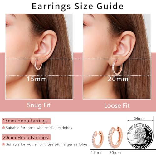 14K Gold Plated Hoop Earrings for Women with 925 Sterling Silver Post, Lightweight Small Hoop Earrings 15mm/20mm Huggie Hoop Earrings - color: CZ - 14K Rose Gold Plated, size: 20MM