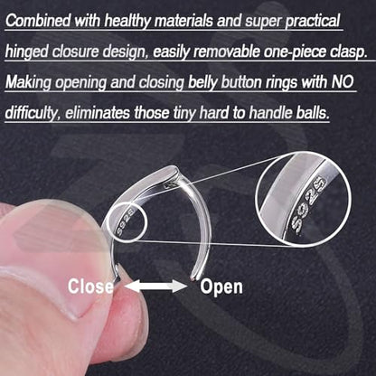 ZS 14G Clicker Belly Button Rings for Women, 925 Sterling Silver Belly Barbell Piercing Gold Reverse Curved Navel Barbell Body Jewelry - color: Sliver,Inner diameter:10mm