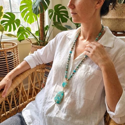 Gmai Boho Necklace for Women Long Beaded Pendant Necklace Natural Stone Teardrop pendant Jewelry Festival Vacation Gift Everyday Handmade Unique Statement Necklace - color: blue
