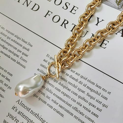IMBOS 14K Gold Plated Chunky Chain Choker Necklaces for Women Chunky Gold Necklace Tennis Necklace for Women CZ Love Chain Cuban Link Choker Jewelry Gifts - color: Gold-Baroque Pearl Necklace
