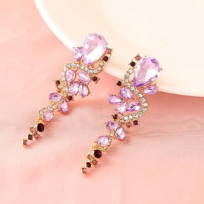 Fashion Rhinestone Statement Drop Dangle Earrings Long Colorful Crystal Bridal Wedding Teardrop Chandelier Earrings for Women Prom Pageant - color: Purple