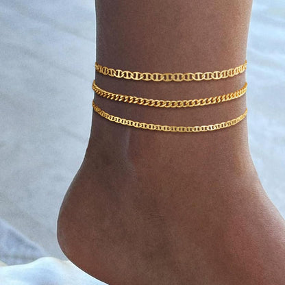 Gold Ankle Bracelets for Women Waterproof,14k Gold Plated Anklet Set 3PCS Cuban Mirror Dainty Anklets Summer Beach Gift